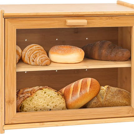 Double Layer Bamboo Bread Box for Kitchen Counter with Large Capacity and Transparent Window