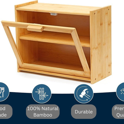 Double Layer Bamboo Bread Box for Kitchen Counter with Large Capacity and Transparent Window