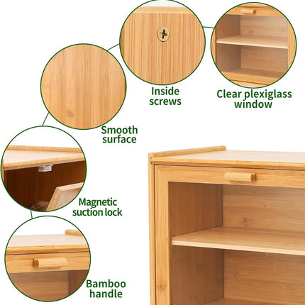 Double Layer Bamboo Bread Box for Kitchen Counter with Large Capacity and Transparent Window
