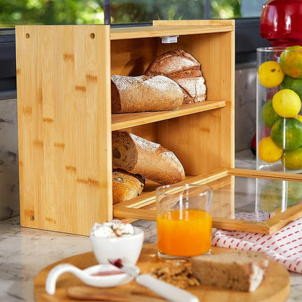 Double Layer Bamboo Bread Box for Kitchen Counter with Large Capacity and Transparent Window