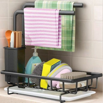 Sink Caddy Sponge Holder with Drain Tray, Brush Holder & Dishcloth Holder for Kitchen