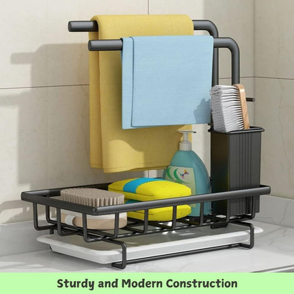 Sink Caddy Sponge Holder with Drain Tray, Brush Holder & Dishcloth Holder for Kitchen