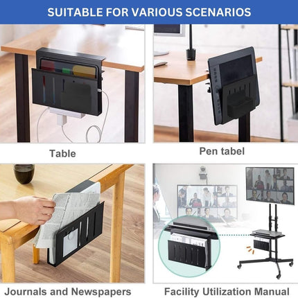 Under Desk Side Laptop Holder Storage with No Drill Cable Management Tray and Pen Storage for Office and Home