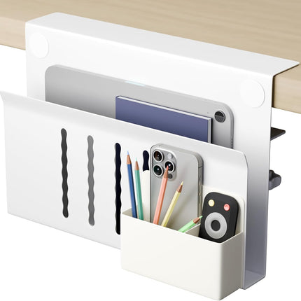 Under Desk Side Laptop Holder Storage with No Drill Cable Management Tray and Pen Storage for Office and Home