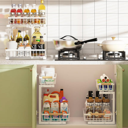 Set 2 pcs - 2-Tier Kitchen Under Sink Organiser Storage with Height Adjustable, Unique Slide Rail & Suction Cups for Storage