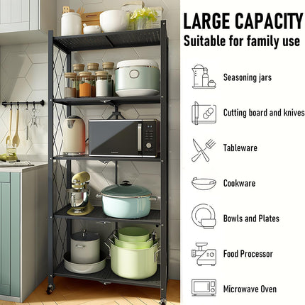 CARLA HOME 5-Tier Foldable Storage Shelf with Wheels for Kitchen, Garage, Pantry or Basement (Black)