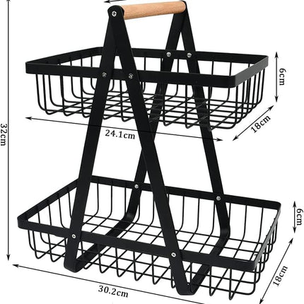 CARLA HOME 2-Tier Fruit Basket Stand for Kitchen Countertop for Fruits, Vegetables, Bread & Snacks with Wooden Handle