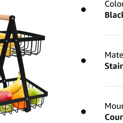CARLA HOME 2-Tier Fruit Basket Stand for Kitchen Countertop for Fruits, Vegetables, Bread & Snacks with Wooden Handle