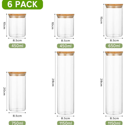 CARLA HOME 6 Pack Glass Storage Jars with Bamboo Lids for Kitchen Pantry, Pasta, Snacks, Cookies, Candy & More