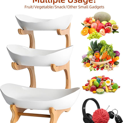 CARLA HOME 3-Tier Ceramic Fruit Bowl Basket with Bamboo Stand for Kitchen Counter, Snack Tray, Dessert Server & Vegetable Storage Rack