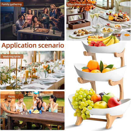 CARLA HOME 3-Tier Ceramic Fruit Bowl Basket with Bamboo Stand for Kitchen Counter, Snack Tray, Dessert Server & Vegetable Storage Rack