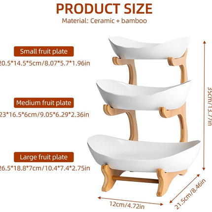 CARLA HOME 3-Tier Ceramic Fruit Bowl Basket with Bamboo Stand for Kitchen Counter, Snack Tray, Dessert Server & Vegetable Storage Rack