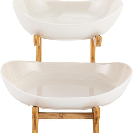 CARLA HOME 2-Tier Ceramic Fruit Bowl Basket with Bamboo Stand for Kitchen Counter, Snack Tray, Dessert Server & Vegetable Storage Rack