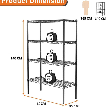 CARLA HOME 4-Tier Adjustable Metal Storage Shelves Wire Rack Organizer for Kitchen, Pantry, Bathroom or Laundry Room (60cm W x 40cm D x 140cm H)