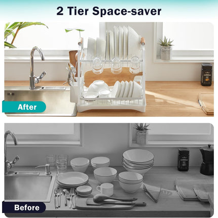 CARLA HOME 2-Tier Large Dish Drying Rack with Drainboard, Utensil Holder, Glass Hooks & Cutlery Storage (White)