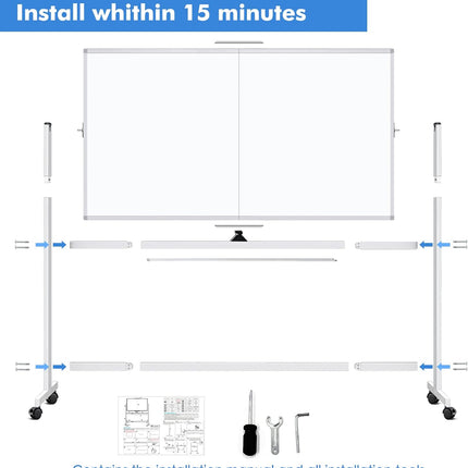CARLA HOME Double-Sided Magnetic Whiteboard 120x90cm with Wheels, Reversible Design for School, Office & Home