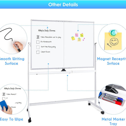 CARLA HOME Double-Sided Magnetic Whiteboard 120x90cm with Wheels, Reversible Design for School, Office & Home