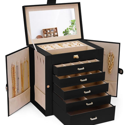 CARLA HOME 6-Layer Large Jewelry Box for Women withDrawers, Mirror, Lock, Necklace Hooks & Side Compartments for Rings, Earrings, Bracelets, Gifts (Black)