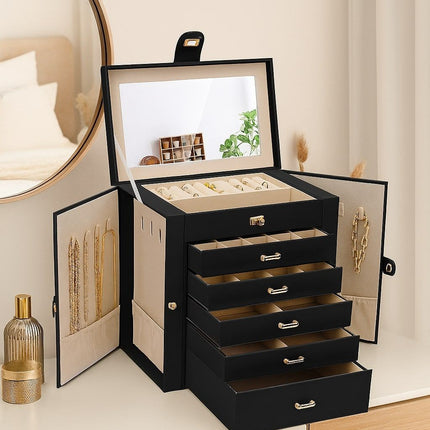 CARLA HOME 6-Layer Large Jewelry Box for Women withDrawers, Mirror, Lock, Necklace Hooks & Side Compartments for Rings, Earrings, Bracelets, Gifts (Black)