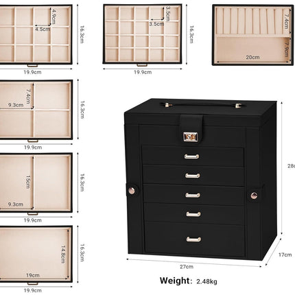 CARLA HOME 6-Layer Large Jewelry Box for Women withDrawers, Mirror, Lock, Necklace Hooks & Side Compartments for Rings, Earrings, Bracelets, Gifts (Black)