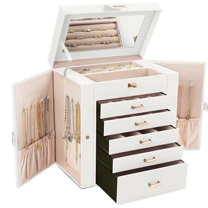 CARLA HOME 6-Layer Large Jewelry Box for Women withDrawers, Mirror, Lock, Necklace Hooks & Side Compartments for Rings, Earrings, Bracelets, Gifts (White)