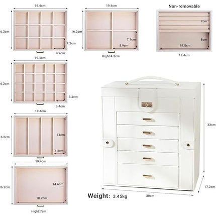 CARLA HOME 6-Layer Large Jewelry Box for Women withDrawers, Mirror, Lock, Necklace Hooks & Side Compartments for Rings, Earrings, Bracelets, Gifts (White)