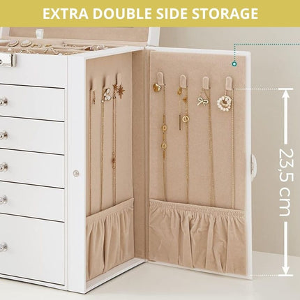 CARLA HOME 6-Layer Large Jewelry Box for Women withDrawers, Mirror, Lock, Necklace Hooks & Side Compartments for Rings, Earrings, Bracelets, Gifts (White)