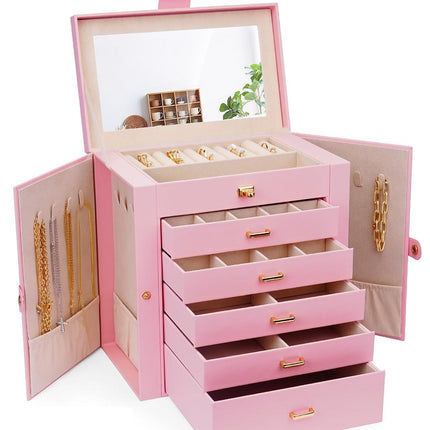 CARLA HOME 6-Layer Large Jewelry Box for Women withDrawers, Mirror, Lock, Necklace Hooks & Side Compartments for Rings, Earrings, Bracelets, Gifts (Pink)