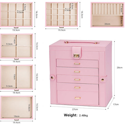CARLA HOME 6-Layer Large Jewelry Box for Women withDrawers, Mirror, Lock, Necklace Hooks & Side Compartments for Rings, Earrings, Bracelets, Gifts (Pink)