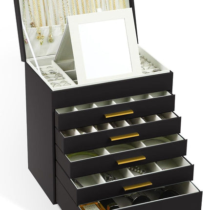 CARLA HOME  6-Layer Large Jewelry Organizer Box for Women with Mirror, Drawers, Hooks & Dividers for Rings, Necklaces, Bracelets, Ideal Gift for Women (Black)