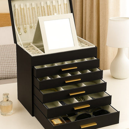 CARLA HOME  6-Layer Large Jewelry Organizer Box for Women with Mirror, Drawers, Hooks & Dividers for Rings, Necklaces, Bracelets, Ideal Gift for Women (Black)