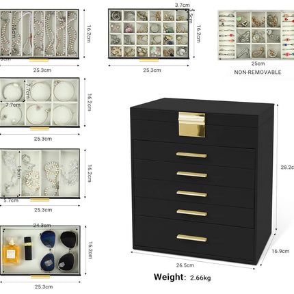 CARLA HOME  6-Layer Large Jewelry Organizer Box for Women with Mirror, Drawers, Hooks & Dividers for Rings, Necklaces, Bracelets, Ideal Gift for Women (Black)