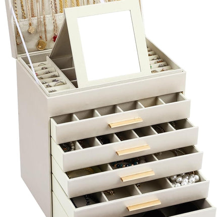 CARLA HOME  6-Layer Large Jewelry Organizer Box for Women with Mirror, Drawers, Hooks & Dividers for Rings, Necklaces, Bracelets, Ideal Gift for Women (White)