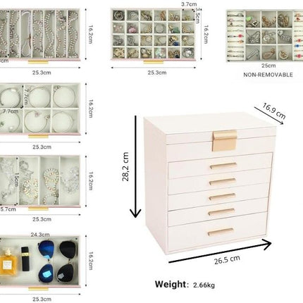 CARLA HOME  6-Layer Large Jewelry Organizer Box for Women with Mirror, Drawers, Hooks & Dividers for Rings, Necklaces, Bracelets, Ideal Gift for Women (White)