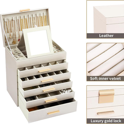 CARLA HOME  6-Layer Large Jewelry Organizer Box for Women with Mirror, Drawers, Hooks & Dividers for Rings, Necklaces, Bracelets, Ideal Gift for Women (White)