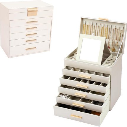 CARLA HOME  6-Layer Large Jewelry Organizer Box for Women with Mirror, Drawers, Hooks & Dividers for Rings, Necklaces, Bracelets, Ideal Gift for Women (White)
