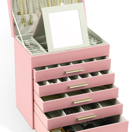 CARLA HOME  6-Layer Large Jewelry Organizer Box for Women with Mirror, Drawers, Hooks & Dividers for Rings, Necklaces, Bracelets, Ideal Gift for Women (Pink)