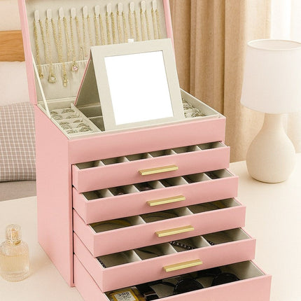 CARLA HOME  6-Layer Large Jewelry Organizer Box for Women with Mirror, Drawers, Hooks & Dividers for Rings, Necklaces, Bracelets, Ideal Gift for Women (Pink)
