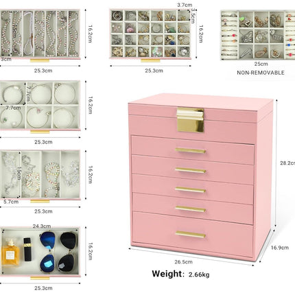 CARLA HOME  6-Layer Large Jewelry Organizer Box for Women with Mirror, Drawers, Hooks & Dividers for Rings, Necklaces, Bracelets, Ideal Gift for Women (Pink)