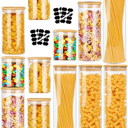CARLA HOME 12 Pack Glass Storage Jars with Bamboo Lids for Kitchen Pantry, Pasta, Snacks, Cookies, Candy & More