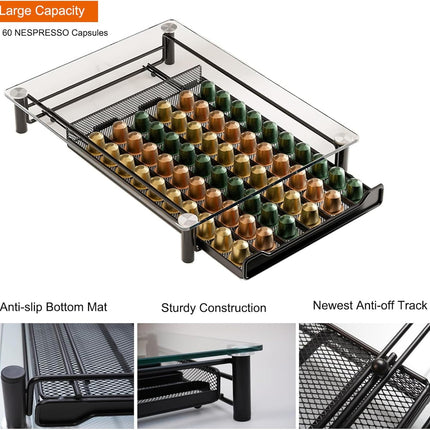 CARLA HOME 60 Coffee Pod Holder Drawer with Tempered Glass Capsule Organizer for Nespresso Pods and Sliding Drawer for Kitchen Countertop