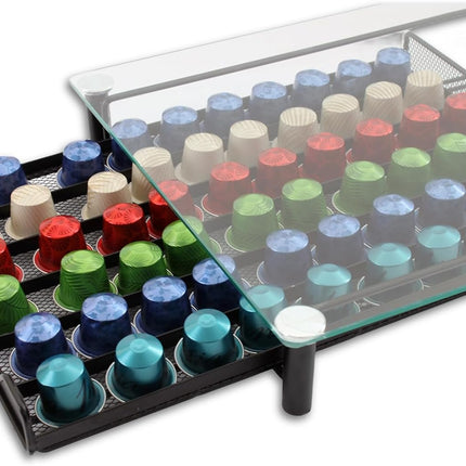 CARLA HOME 60 Coffee Pod Holder Drawer with Tempered Glass Capsule Organizer for Nespresso Pods and Sliding Drawer for Kitchen Countertop