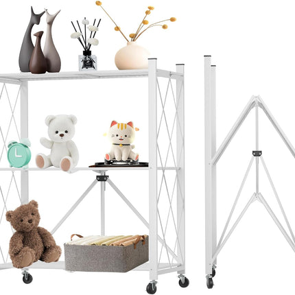 CARLA HOME 3-Tier Foldable Storage Shelf with Wheels for Kitchen, Garage, Pantry or Basement (White)
