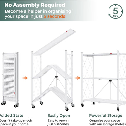 CARLA HOME 3-Tier Foldable Storage Shelf with Wheels for Kitchen, Garage, Pantry or Basement (White)