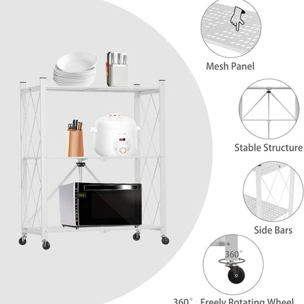 CARLA HOME 3-Tier Foldable Storage Shelf with Wheels for Kitchen, Garage, Pantry or Basement (White)