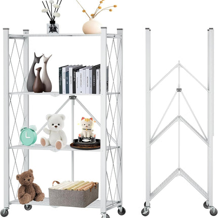CARLA HOME 4-Tier Foldable Storage Shelf with Wheels for Kitchen, Garage, Pantry or Basement (White)