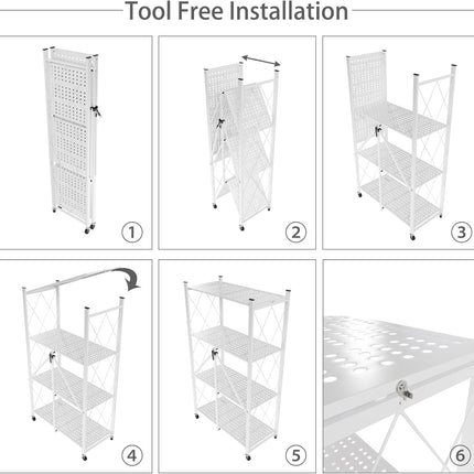 CARLA HOME 4-Tier Foldable Storage Shelf with Wheels for Kitchen, Garage, Pantry or Basement (White)