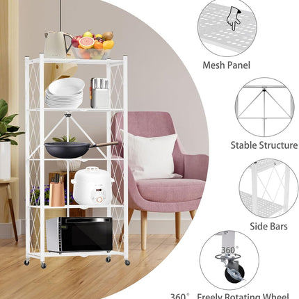 CARLA HOME 5-Tier Foldable Storage Shelf with Wheels for Kitchen, Garage, Pantry or Basement (White)