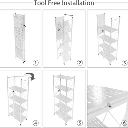 CARLA HOME 5-Tier Foldable Storage Shelf with Wheels for Kitchen, Garage, Pantry or Basement (White)