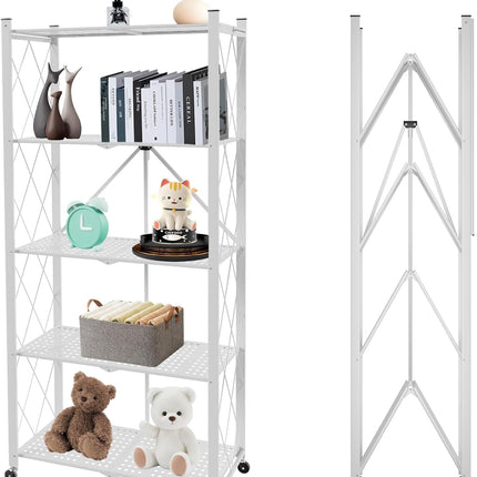 CARLA HOME 5-Tier Foldable Storage Shelf with Wheels for Kitchen, Garage, Pantry or Basement (White)